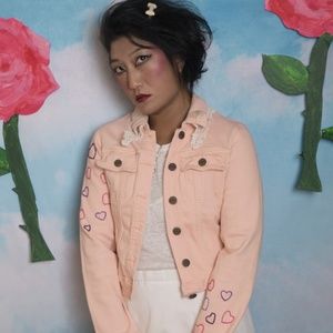 Hand Embroidered Heart Pink Bunny Denim Jacket